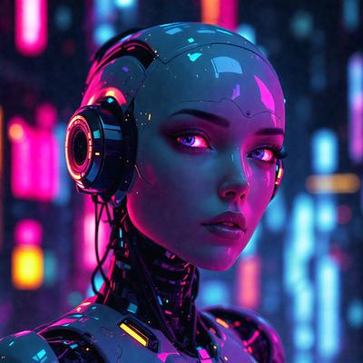 The primary subject of the image is a woman with blue eyes, wearing a futuristic outfit and headphones. She is standing in front of a colorful background, which adds a vibrant and lively atmosphere to the scene. The visual style of the image is a combination of photo and digital art, creating a unique and captivating appearance. The colors and mood of the image are predominantly blue and pink, giving it a cool and warm ambiance.